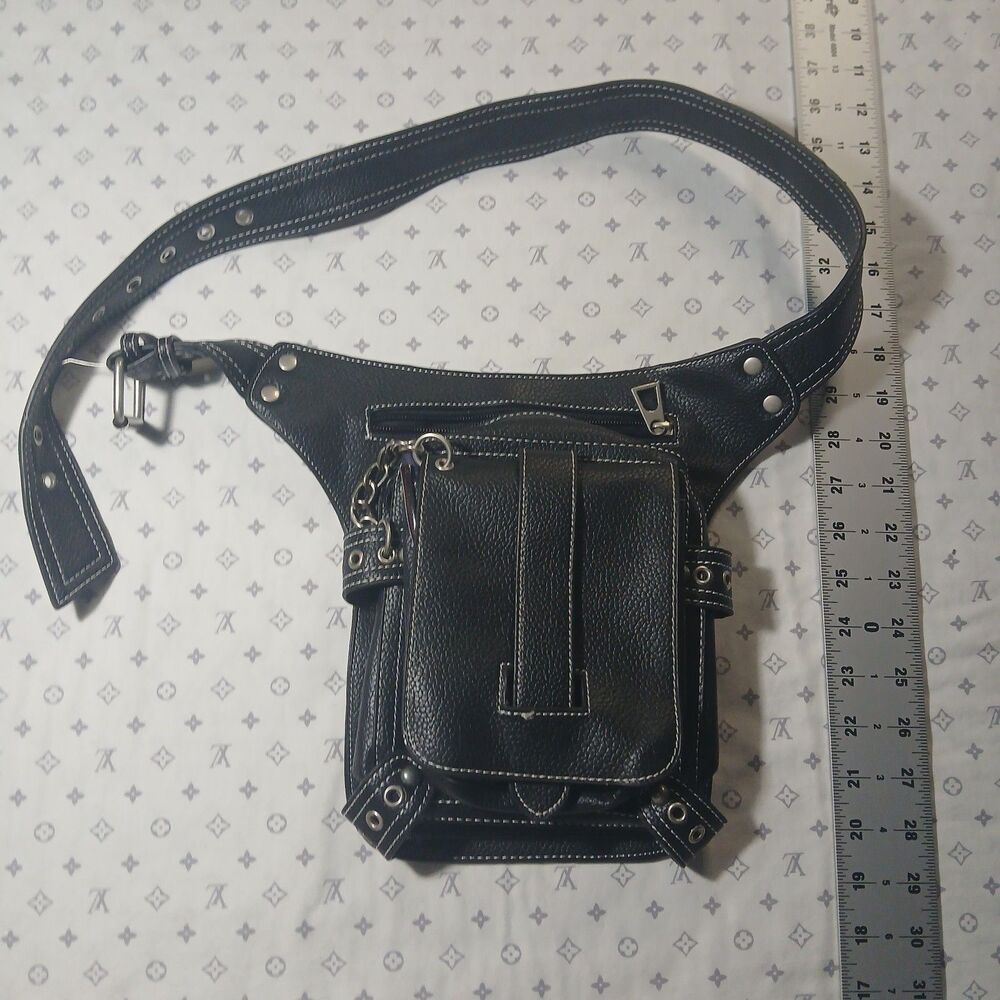 Black PU Leather Hip Waist Bag Gothic Alternative Wear Pouch With Leg Strap
